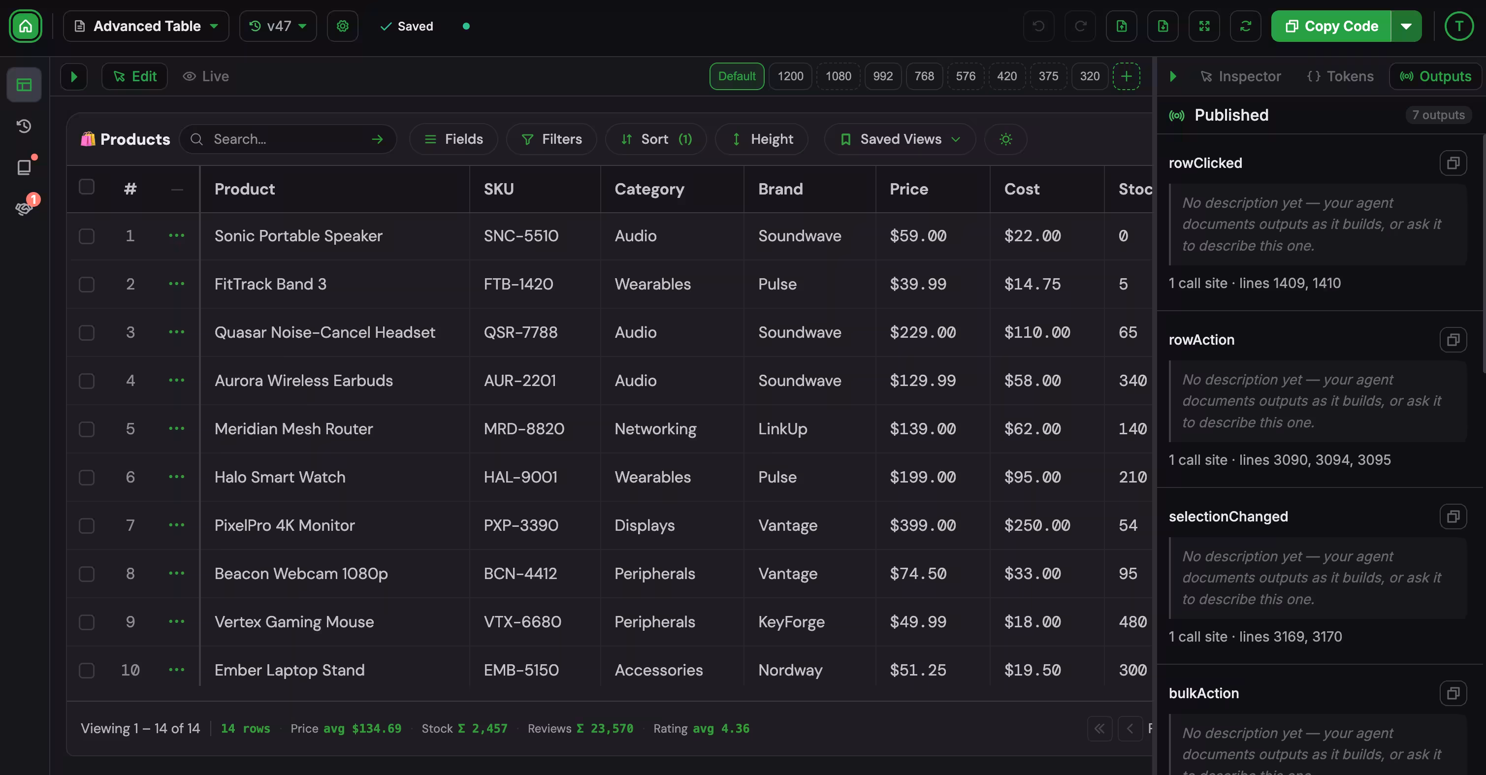 The SumCode editor with an advanced data table open